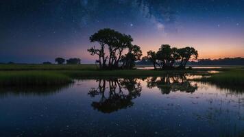 Serene night landscape with trees reflecting in calm water under a starry sky. photo