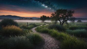 Serene landscape at twilight with a winding path under a starry sky. photo
