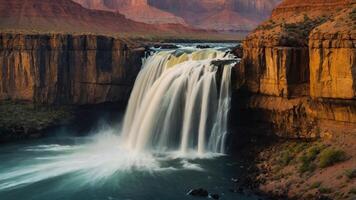 A stunning waterfall cascading over cliffs into a river, surrounded by rugged terrain. photo