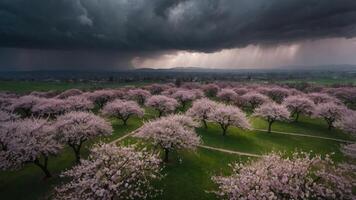 A scenic view of cherry blossom trees under a dramatic stormy sky. photo
