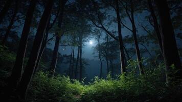 A serene moonlit forest with tall trees and lush greenery, evoking tranquility and mystery. photo