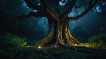 A mystical tree illuminated by hanging lights in a foggy forest setting. photo
