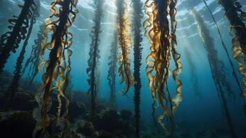 Underwater view of kelp forest with sunlight filtering through the water. photo