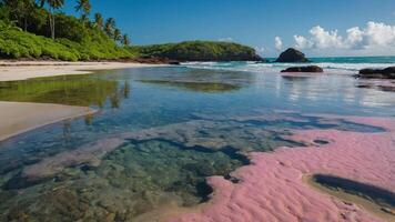 A serene beach scene featuring clear water, pink sand, and lush greenery under a blue sky. photo