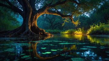 A serene landscape featuring a large tree reflected in calm waters under soft lighting. photo
