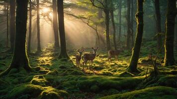 A serene forest scene with deer amidst lush greenery and dappled sunlight. photo