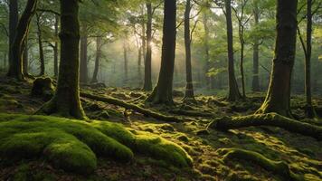 A serene forest scene with sunlight filtering through trees and moss-covered ground. photo