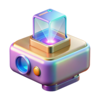 ethereal striking Holographic projector displaying a 3D model NO BACKGROUND with Transparent Background. museum quality png