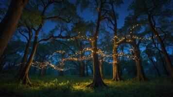 A serene forest illuminated by string lights at night, creating a magical atmosphere. photo