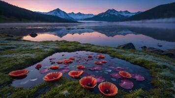A serene lake scene with vibrant flowers reflecting mountains at dawn. photo