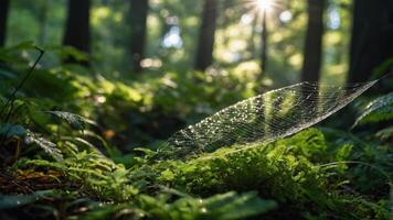 A serene forest scene with a dew-covered spider web and lush ferns illuminated by sunlight. photo