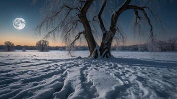 A serene winter landscape featuring a snow-covered field, a bare tree, and a large moon. photo