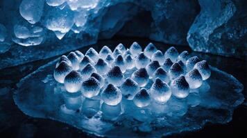 A cluster of luminescent, ice-like formations on a reflective surface. photo