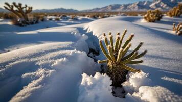 A cactus emerges from snow in a desert landscape, showcasing nature's contrast. photo