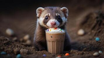A cute ferret enjoys a small dessert cup topped with whipped cream and colorful sprinkles. photo