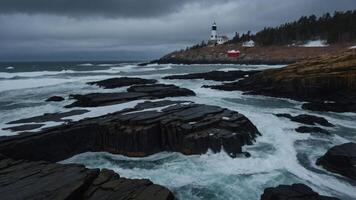 A coastal scene featuring waves crashing on rocks with a lighthouse in the background. photo