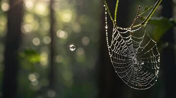 A close-up of a spider web adorned with dew drops, set against a blurred forest background. photo