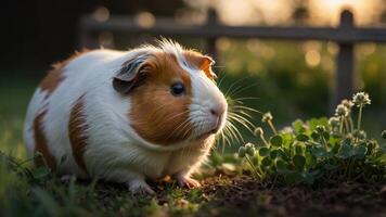 A guinea pig resting in a grassy area with clover, illuminated by soft sunlight. photo