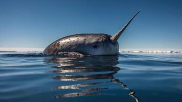 A narwhal surfaces in calm Arctic waters, showcasing its distinctive long tusk. photo