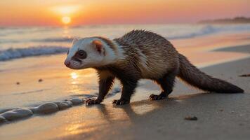 A ferret-like animal walks along a beach at sunset, capturing a serene moment in nature. photo