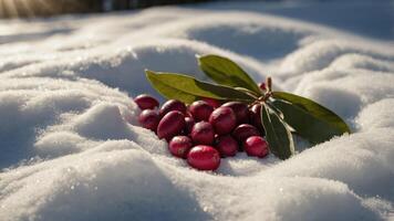 A cluster of red berries rests on a blanket of snow, accompanied by green leaves. photo