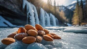 A pile of almonds on ice with a waterfall and mountains in the background. photo