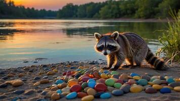 A raccoon stands by a riverbank surrounded by colorful pebbles at sunset. photo