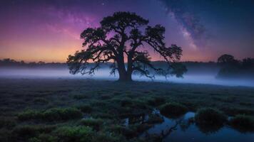 A serene landscape featuring a silhouetted tree under a starry sky at dawn. photo