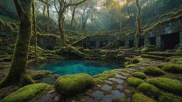 Serene moss-covered ruins surround a tranquil blue pool in a misty forest setting. photo