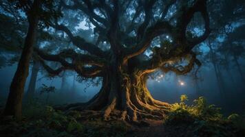 A mystical tree illuminated in a foggy forest, creating an enchanting atmosphere. photo