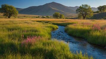 A serene landscape featuring a stream, lush grass, and distant mountains under a clear sky. photo