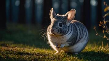 A cute chinchilla stands on grass in a forest, illuminated by soft sunlight. photo