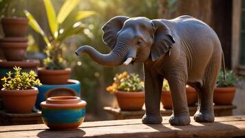 A decorative elephant figurine beside a colorful pot in a garden setting. photo