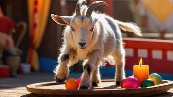 A playful goat balances on a tray surrounded by colorful balls and a candle. photo