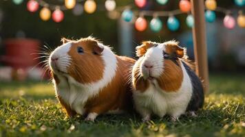Two guinea pigs sitting on grass with colorful lights in the background. photo