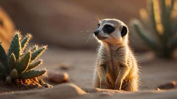 A meerkat stands alert in a desert landscape with cacti in the background. photo