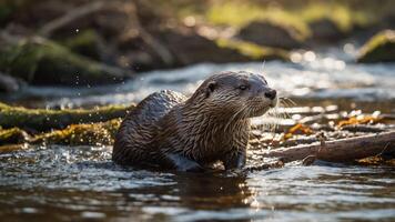 An otter emerges from a river, illuminated by sunlight, showcasing its playful nature. photo