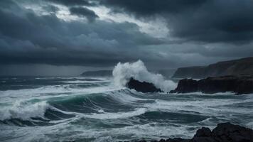 A dramatic seascape with turbulent waves crashing against rocky cliffs under a stormy sky. photo