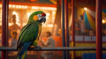 A vibrant parrot perched at a lively fair, surrounded by colorful lights and people. photo