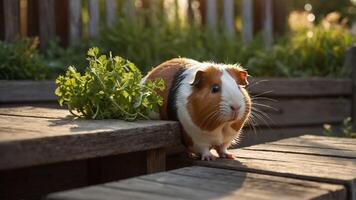 A guinea pig sits on wooden steps beside fresh greens in a natural setting. photo
