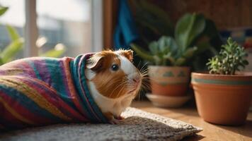A guinea pig wrapped in a colorful blanket, resting beside potted plants in a cozy setting. photo