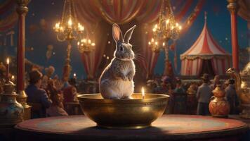 A whimsical scene featuring a rabbit in a bowl, set in a vibrant circus atmosphere. photo