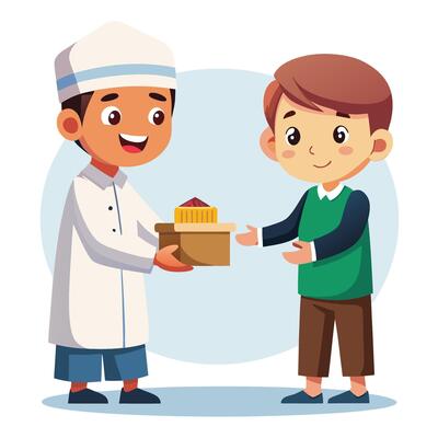 Adorable Muslim Boy Distributing Zakat to Needy People in Cartoon Form