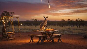 A kangaroo stands by a picnic table set for dinner under string lights at sunset. photo