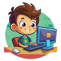 Animated Boy Playing an Exciting Game on His Computer vector