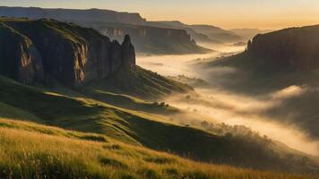 A serene landscape at sunrise with misty valleys and towering cliffs. photo
