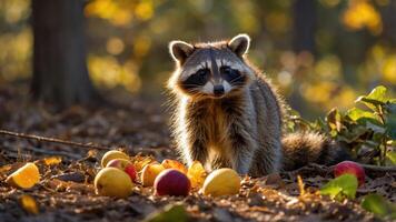 A raccoon stands among colorful apples in a forest setting, illuminated by soft sunlight. photo