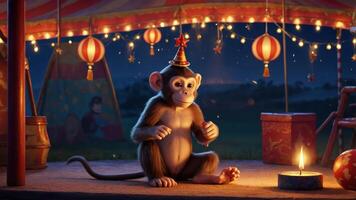 A cheerful monkey in a party hat sits beside a candle in a festive setting. photo