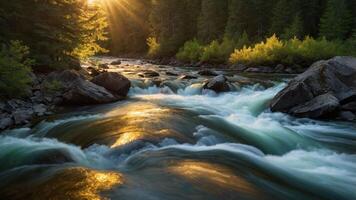 A serene river flows through a forest, illuminated by warm sunlight. photo
