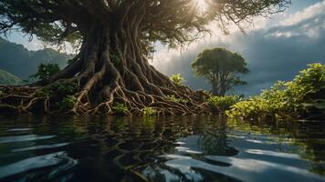 A majestic tree with sprawling roots reflected in calm water, surrounded by lush greenery. photo